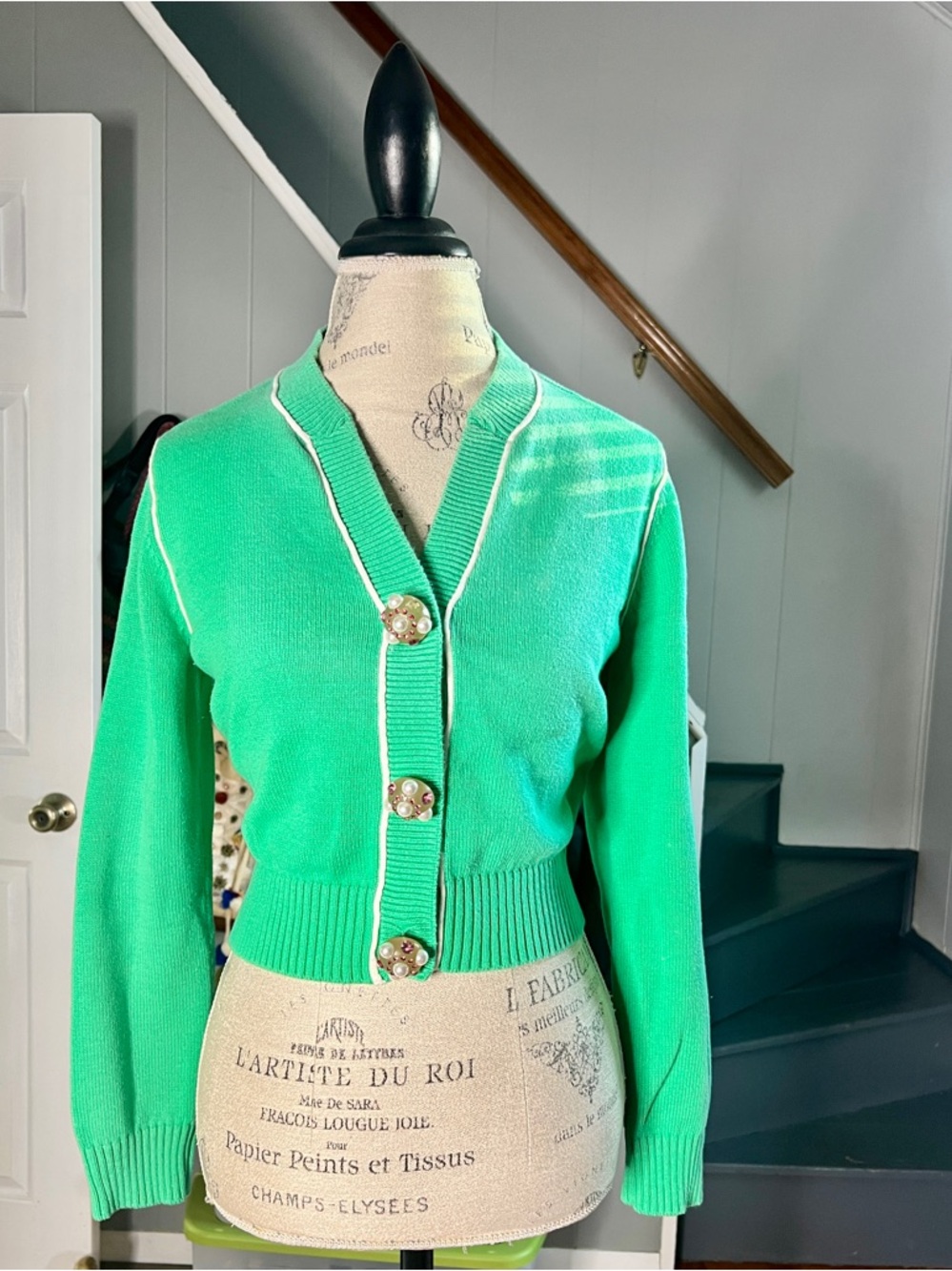 CAbi vintage Green Cropped Cardigan with Pearl Accent Buttons